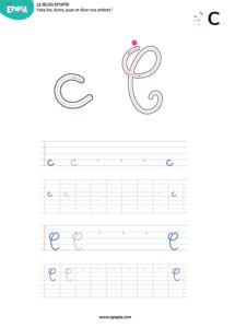 Lettre C en majuscule, minuscule, cursive attaché et script