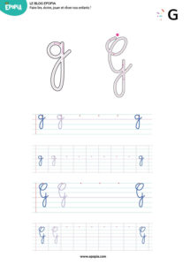 Lettre G en majuscule, minuscule, cursive attaché et script