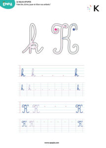 Lettre K en majuscule, minuscule, cursive attaché et script