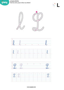 Lettre L en majuscule, minuscule, cursive attaché et script