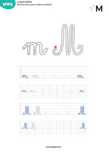 Lettre M en majuscule, minuscule, cursive attaché et script