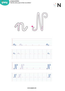 Lettre N en majuscule, minuscule, cursive attaché et script