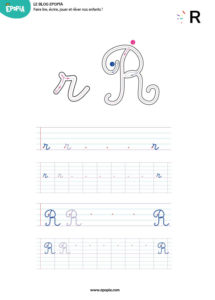 Lettre R en majuscule, minuscule, cursive attaché et script