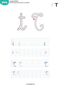Lettre T en majuscule, minuscule, cursive attaché et script