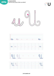 Lettre U en majuscule, minuscule, cursive attaché et script
